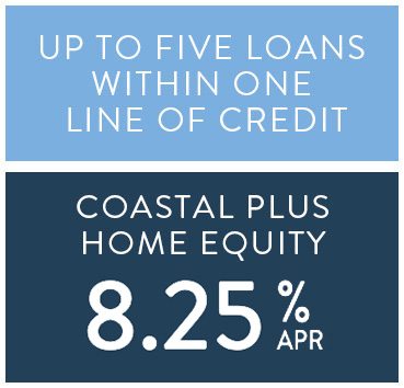 Up to five loans within one line of credit. Coastal Plus Home Equity 8.25% APR